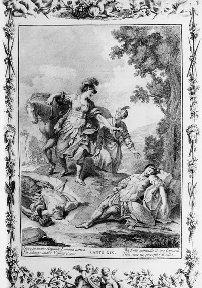 傷ついたタンクレディに出くわすエルミニア、カントXIX、届けられたエルサレム 作： Giovanni Battista Piazzetta