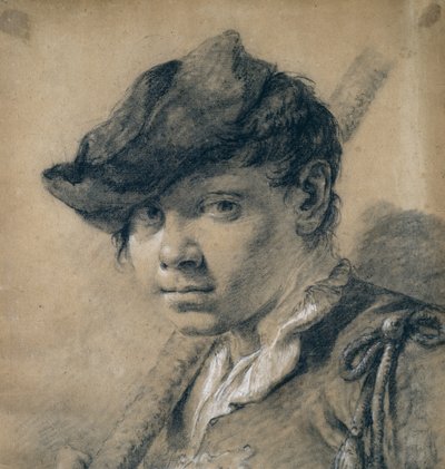 若者の頭（茶色の紙に黒と白のチョーク） 作： Giovanni Battista Piazzetta