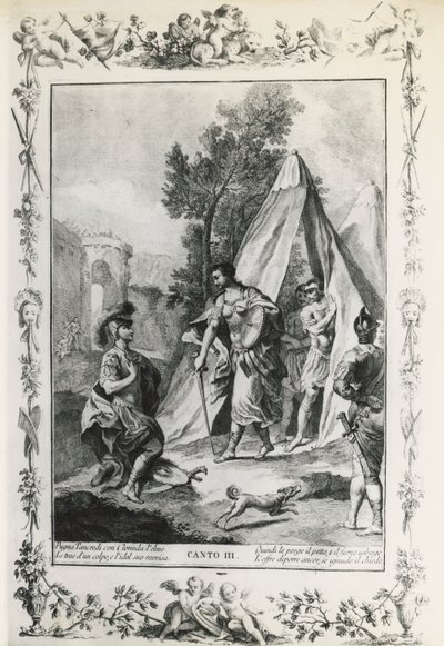 トルカート・タッソ(1544-1595)の詩にジョヴァンニ・バッティスタ・ピアゼッタ(1683-1754)が描いた挿絵「届けられたエルサレム」カントIII、1745年にヴェネツィアで出版された版、イタリア 作： Giovanni Battista Piazzetta