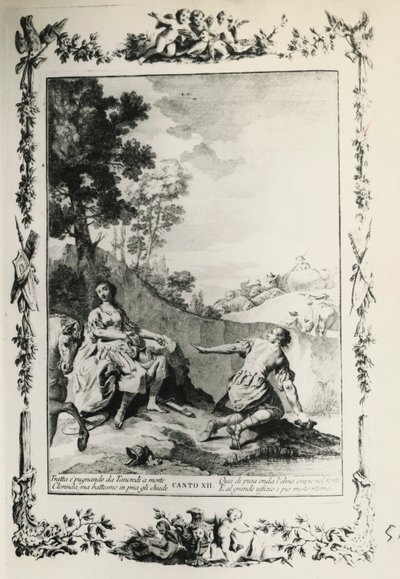 トルカート・タッソ（1544-1595）の詩にジョヴァンニ・バッティスタ・ピアゼッタ（1683-1754）が描いた挿絵「届けられたエルサレム」カントXII、1745年にヴェネツィアで出版された版、イタリア 作： Giovanni Battista Piazzetta
