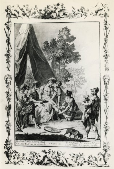 トルカート・タッソ(1544-1595)の詩にジョヴァンニ・バッティスタ・ピアゼッタ(1683-1754)が描いた第11カンストの挿絵「届けられたエルサレム」、1745年にヴェネツィアで出版された版、イタリア 作： Giovanni Battista Piazzetta