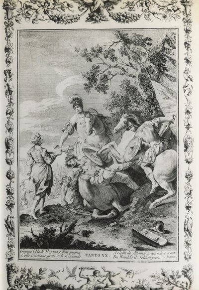 トルカート・タッソ(1544-1595)の詩にジョヴァンニ・バッティスタ・ピアゼッタ(1683-1754)が描いた挿絵「届けられたエルサレム」カントXX、1745年にヴェネツィアで出版された版、イタリア 作： Giovanni Battista Piazzetta