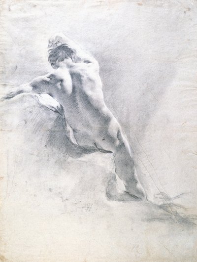男性のヌードの研究、c.1715（紙の上で白で高まった黒チョーク） 作： Giovanni Battista Piazzetta
