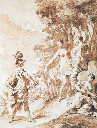 魅惑の森の入り口に立つタンクレディ、ジョヴァンニ・バッティスタ・ピアゼッタ（1682-1754）作『トルカート・タッソの届けたエルサレム』の一場面、悲壮感漂う 作： Giovanni Battista Piazzetta