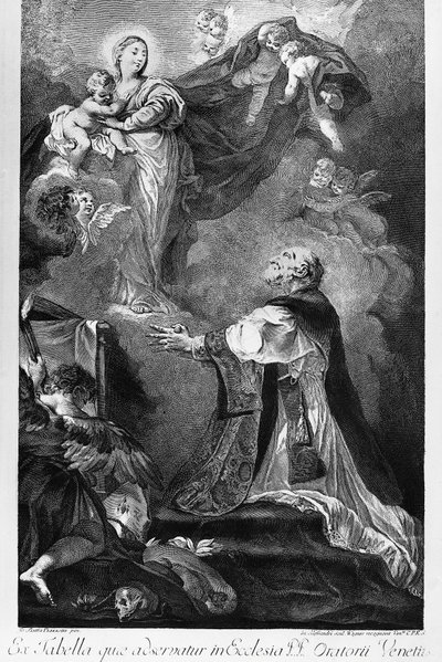 聖フィリッポ・ネーリに現れる聖母」ジョヴァンニ・バッティスタ・ピアゼッタ（1682-1754）作、インノセンテ・アレッサンドリのエングレーヴィング、イタリア 作： Giovanni Battista Piazzetta