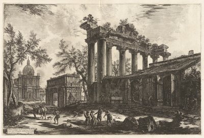 Altra Veduta degli avanzi del Pronao del Tempio del Concordia (コンコルド神殿 [左背景にセプティミウス セウェルスの凱旋門がある土星神殿] のプロナオス遺跡の別の眺め)、Vedute di Roma (ローマの眺め) より 作： Giovanni Battista Piranesi