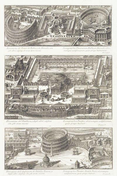 鳥瞰図：バルボ劇場とマルチェロ劇場、パンテオンとその周辺地域、スタティリオタウロ円形劇場 作： Giovanni Battista Piranesi