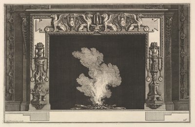 煙突の部分：まぐさの前屈みのグリフォンと側枠の燭台Ch。 accomp ...、ca。 1769。 作： Giovanni Battista Piranesi