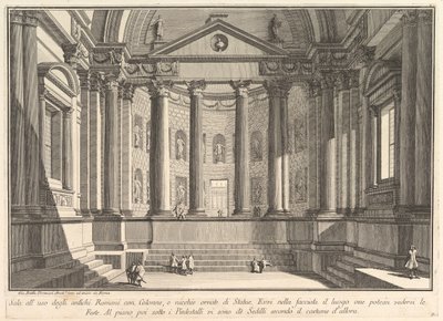 古代ローマ人の慣習に従った列柱のあるホールと、装飾された壁龕。 1750年。 作： Giovanni Battista Piranesi