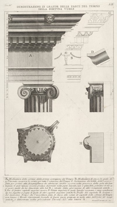 ...、1756年のフォルトゥナヴィリリス神殿、フォルトゥナヴィリレ神殿のコーニスと柱。 作： Giovanni Battista Piranesi