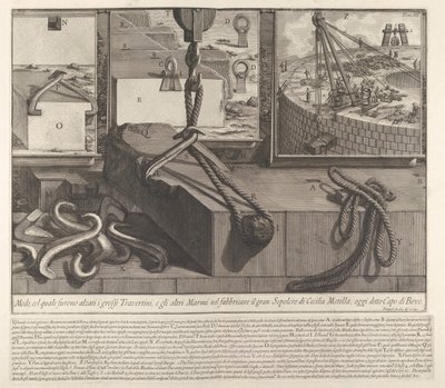 トラバーチンと大理石のブロックを上げるためのテクニックを示すデモパネル。1756年。 作： Giovanni Battista Piranesi