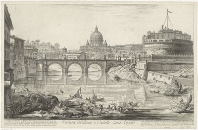 Engelenbrug en Engelenburcht te Rome サンタンジェロ橋と城の眺め (オブジェクトのタイトル) Gezichten op Rome (シリーズタイトル) Giambattista Piranesi の建築家 Ve(nez)iano によって描かれ彫刻されたローマの景色 (シリーズ タイトル) 作： Giovanni Battista Piranesi