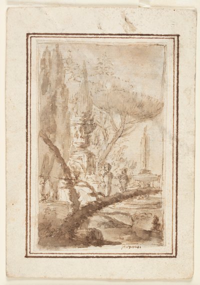 記念碑の骨壷、彫刻、噴水のある庭園のファンタジー 作： Giovanni Battista Piranesi