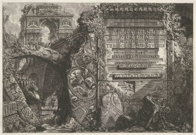 口絵は古代の廃墟に出会い、勝利を収めました 「Le Antichità Romane」第 1 巻の口絵 I. B. Pranesius Venet ローマ、後世と利益のために彼の時代に生きる 作： Giovanni Battista Piranesi