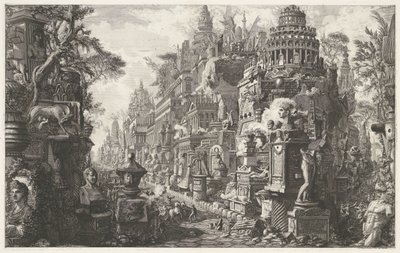 口絵はアッピア アンティカ通りで幻想的な物語に出会った 「Le Antichità Romane」第 2 巻の口絵 門の外側の 2 番目の石にあるアッピア街道とアルデーティア街道の古代の交差点の眺め (オブジェクトのタイトル) Archeologische vondsten in en 作： Giovanni Battista Piranesi