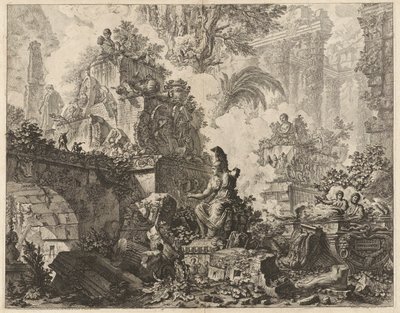 口絵、中央前景にミネルヴァの像がある廃墟の幻想、Vedute di Roma (Views of Rome) より 作： Giovanni Battista Piranesi