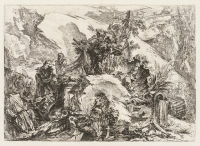 グロテスキ：デスヘッドとスケルトンの遺跡。 作： Giovanni Battista Piranesi