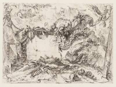 グロテスキ: 骸骨と煙る花瓶のある廃墟 作： Giovanni Battista Piranesi
