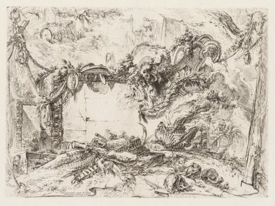 グロテスキ：頭蓋骨と喫煙花瓶のある遺跡1745-50。 作： Giovanni Battista Piranesi
