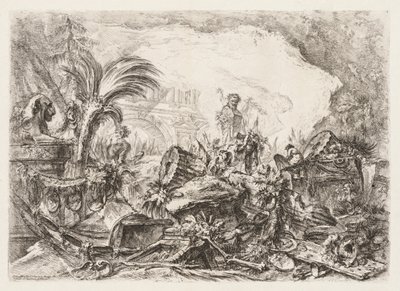 グロテスキ：牧神の像と倒れた柱のある遺跡1745-50。 作： Giovanni Battista Piranesi