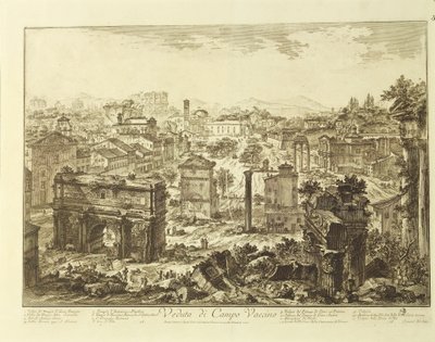 イタリア、ローマ、セプティミウス・セウェルスのアーチがあるカンポ・ヴァチーノ（フォロ・ロマーノ）の眺め（エングレーヴィング 作： Giovanni Battista Piranesi