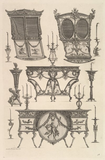 セダンの椅子2脚、サイドテーブル、室内用便器Deux c ...などのその他の家具。 1769。 作： Giovanni Battista Piranesi