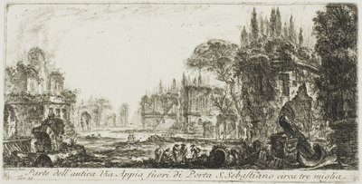 Porta S. Sebastiano から約 3 マイル離れた古代アッピア街道の一部、プレート 19、「凱旋門やその他のモニュメントの眺め」から 作： Giovanni Battista Piranesi