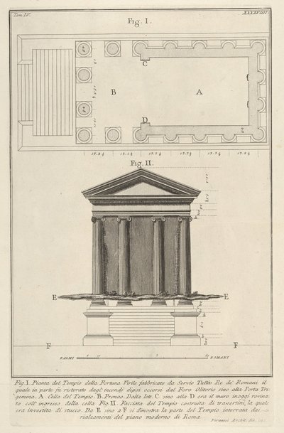 フォルトゥナヴィリリスの神殿の計画とファサード。 作： Giovanni Battista Piranesi