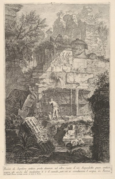 プレート6：アークの上にある古代の水道橋の遺跡の前にある古代の墓の遺跡...、1743年。 作： Giovanni Battista Piranesi