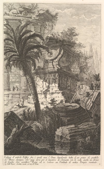 マルクスアグリッパma ...の墓の骨壷が立っている古代の建物の遺跡。 1750。 作： Giovanni Battista Piranesi