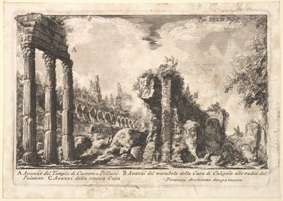 キャスターとポルックス神殿の遺跡。 。 。アヴァンゾデルテンピオディカストアエペー...、18世紀。 作： Giovanni Battista Piranesi