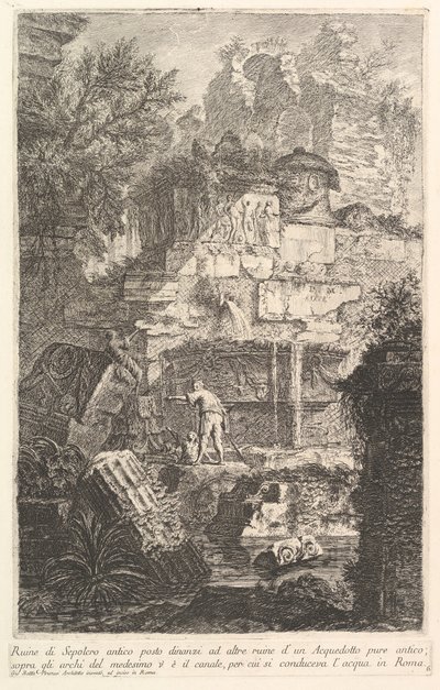 古代の水道の遺跡の前にある古代の墓の遺跡Ruine di Sepolcro a ...、ca. 1750。 作： Giovanni Battista Piranesi