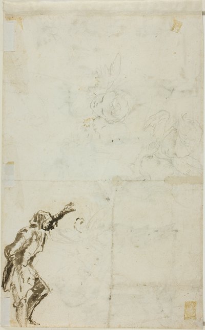 スケッチのシート: 腕を上げる立っている男、ケルビム 作： Giovanni Battista Piranesi