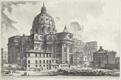 Sint-Pietersbasiliek vanaf 聖具広場 バチカンの偉大なサン ピエトロ大聖堂の外観 (オブジェクトのタイトル) Gezichten op Rome (シリーズタイトル) Giambattista Piranesi の建築家 Ve(nez)iano (時代) によって描かれ彫刻されたローマの景色 作： Giovanni Battista Piranesi