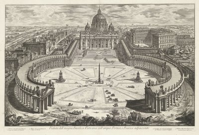 Sint-Pietersplein met de Sint-Pietersbasiliek te Vaticaanstad 大きなポルティコと隣接する広場がある有名なバチカン大聖堂の眺め (オブジェクトのタイトル) Gezichten op Rome (シリーズタイトル) Giambattista Piranesi アークによって描かれ、刻まれたローマの景色 作： Giovanni Battista Piranesi