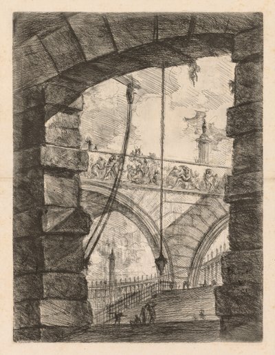 刑務所：フリーズのある高尚なアーチ、1745-1750。 作： Giovanni Battista Piranesi