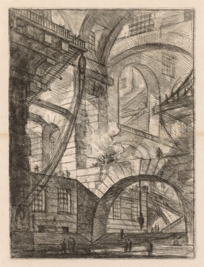 刑務所：煙る火のあるアーチの展望、1745-1750。 作： Giovanni Battista Piranesi