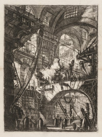 監獄: 中央に煙る火のあるアーチの遠近法 作： Giovanni Battista Piranesi