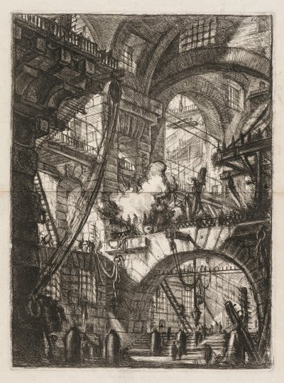 刑務所：中央に煙が出ているアーチの視点。 作： Giovanni Battista Piranesi