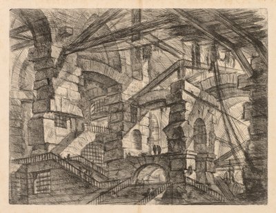 刑務所：ジグザグ階段のあるコロネードの視点、1745-1750。 作： Giovanni Battista Piranesi