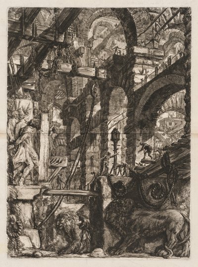 刑務所：2頭のライオンが救済に彫られたローマのアーチの展望...、1745-50年。 作： Giovanni Battista Piranesi
