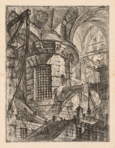 刑務所：中央の柱に鉄格子の窓を備えたアーチ型の建物、1745-1750。 作： Giovanni Battista Piranesi