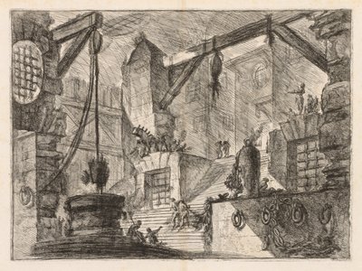 刑務所: 広い階段のある列柱の内部 作： Giovanni Battista Piranesi
