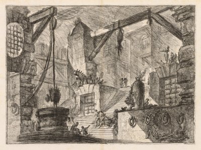 刑務所：広い階段がある列柱内部、1745-1750。 作： Giovanni Battista Piranesi