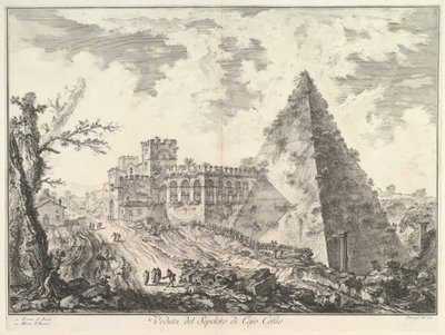 Caius Cestiusのピラミッド、Porta S. Paoloと隣接する道路Veduta del S ...、ca。 1755年。 作： Giovanni Battista Piranesi