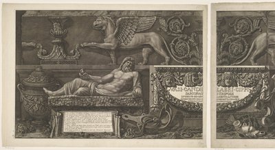 彫刻、彫刻が施されたレリーフ、タイトル付きの石棺を含むタイトルプリント Giovanni Battista Piranesi (シリーズ タイトル) によって設計および彫刻された、花瓶、燭台、墓石、石棺、三脚、ランプ、装飾品 Vasi、candelabri、cippi、sarcophagi 作： Giovanni Battista Piranesi