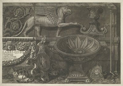 彫刻、彫刻が施されたレリーフ、タイトル付きの石棺を含むタイトルプリント（右部分） Giovanni Battista Piranesi (シリーズ タイトル) によって設計および彫刻された、花瓶、燭台、墓石、石棺、三脚、ランプ、装飾品 Vasi、candelabri、c 作： Giovanni Battista Piranesi