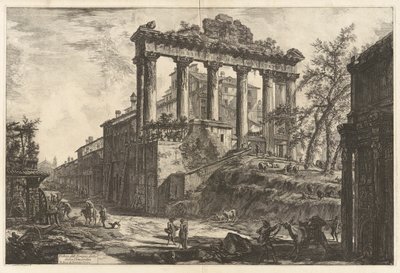 Veduta del Tempio detto della Concordia (いわゆるコンコルド神殿の眺め [右前景にセプティミウス セウェルスの凱旋門がある土星神殿])、Vedute di Roma (ローマの眺め) より 作： Giovanni Battista Piranesi