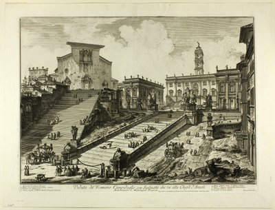 ローマの景色から、アラコエリの聖マリア教会への階段のあるカピトリーノの丘の眺め 作： Giovanni Battista Piranesi