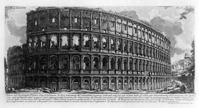 ローマのコリゼ（コッレッセオ）の眺め。ジョヴァンニ・ピラネージ（通称ピラネーゼ）（1720-1778）の作図。1756 作： Giovanni Battista Piranesi